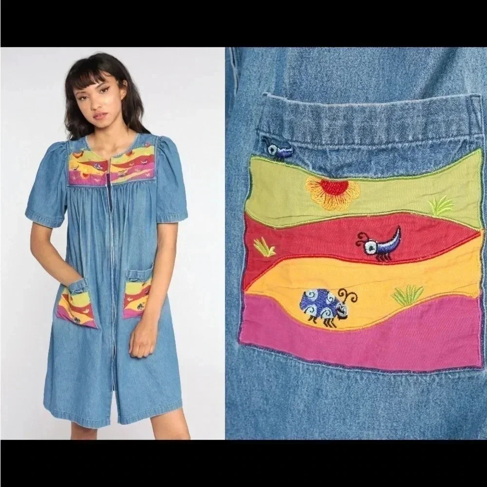 Vintage 90’s Go softly patio cotton floral embroidered mumu dress small‎ 0228 - Picture 2 of 9